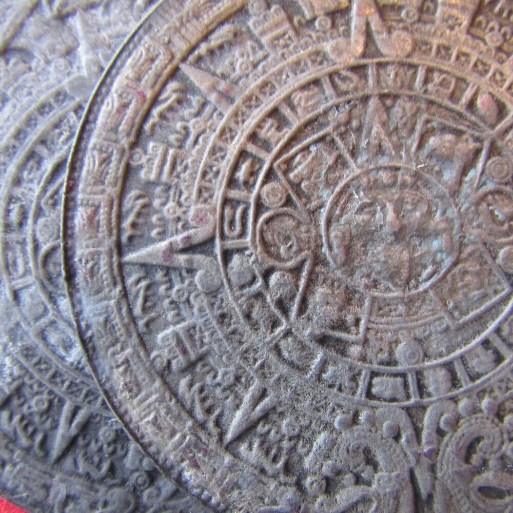 Vintage Pair Aztec Calendar Sun Stone Metal Coasters Paperweight Mexico Folk Art